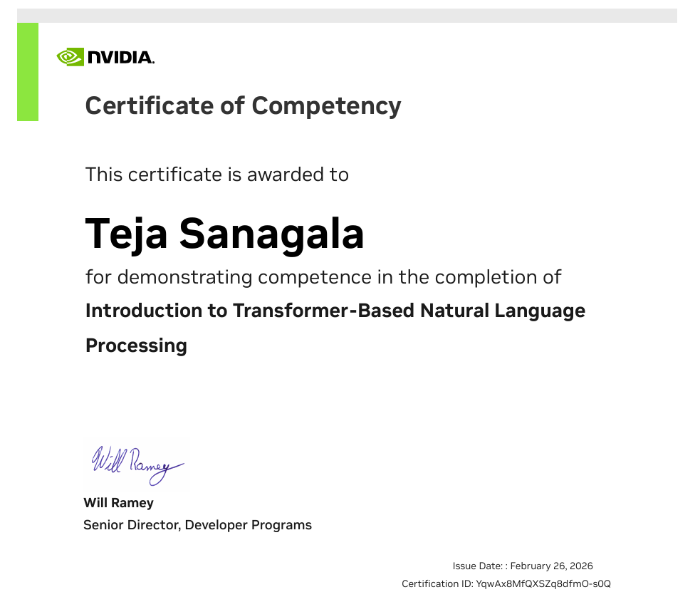 NVIDIA certificate for Introduction to Transformer-Based Natural Language Processing